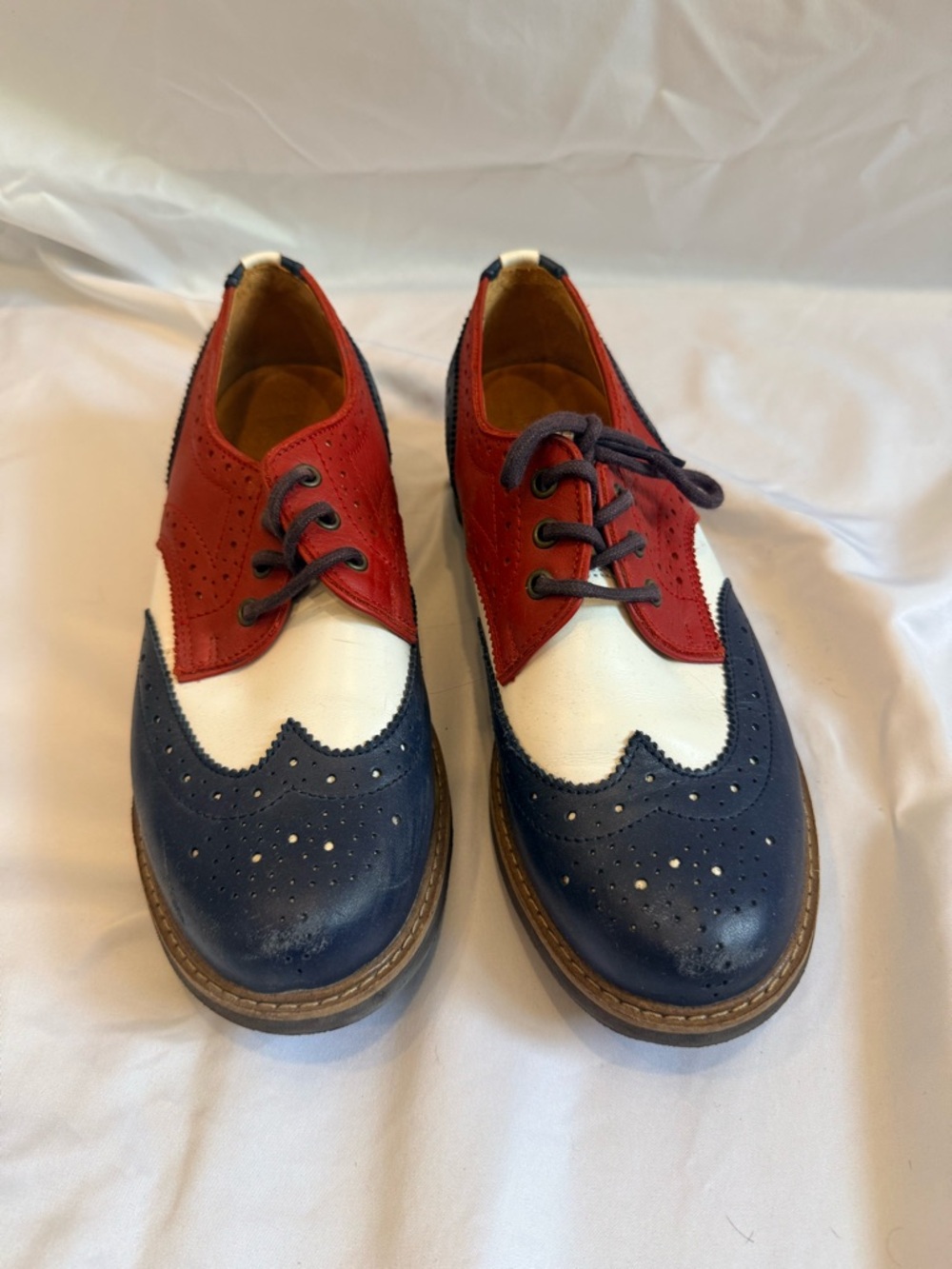 John Fluevog Red White Blue Wingtip Oxford Flats